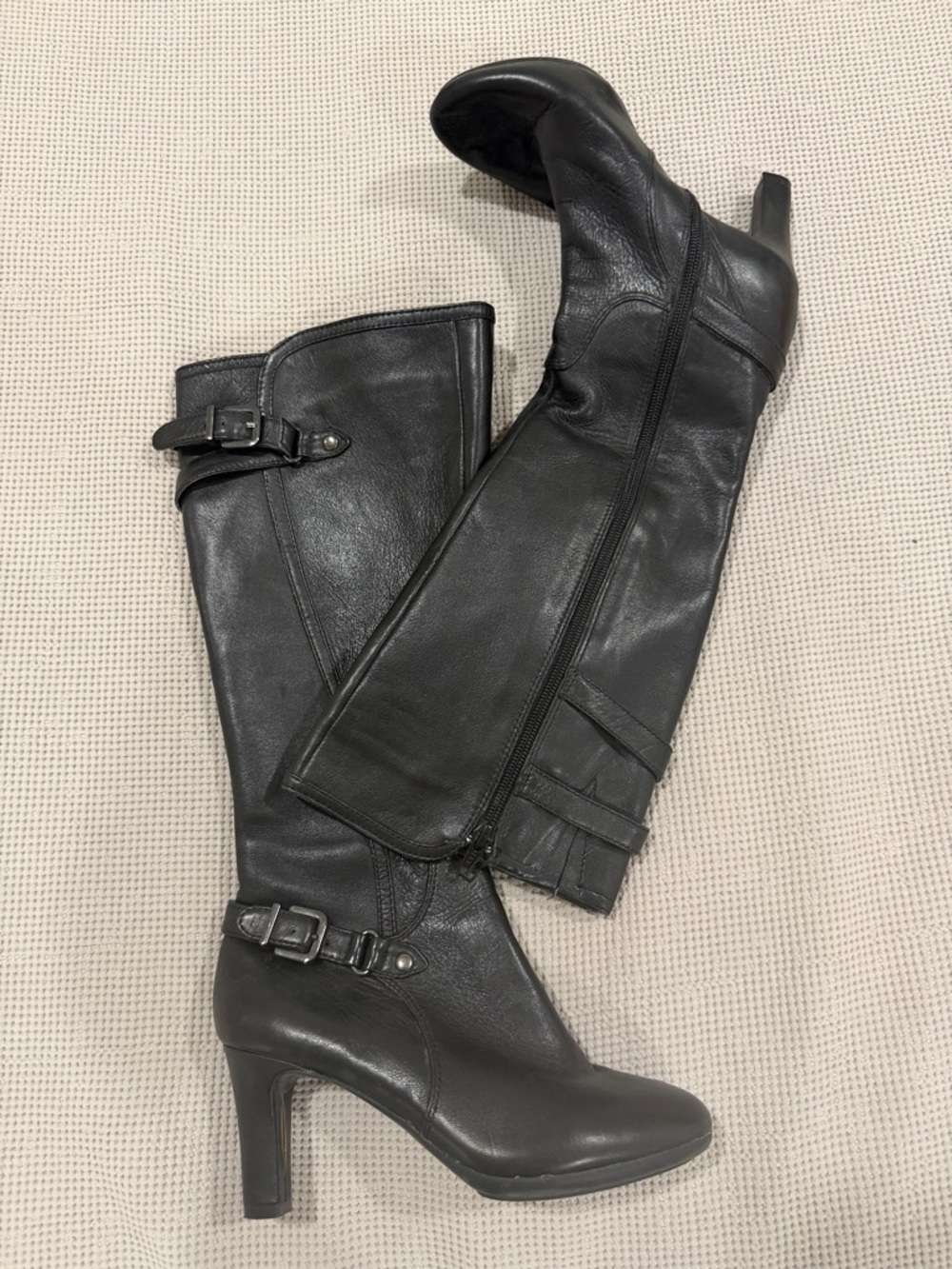 Alex Marie Black Leather Over-the-Knee Buckle Heeled Boots